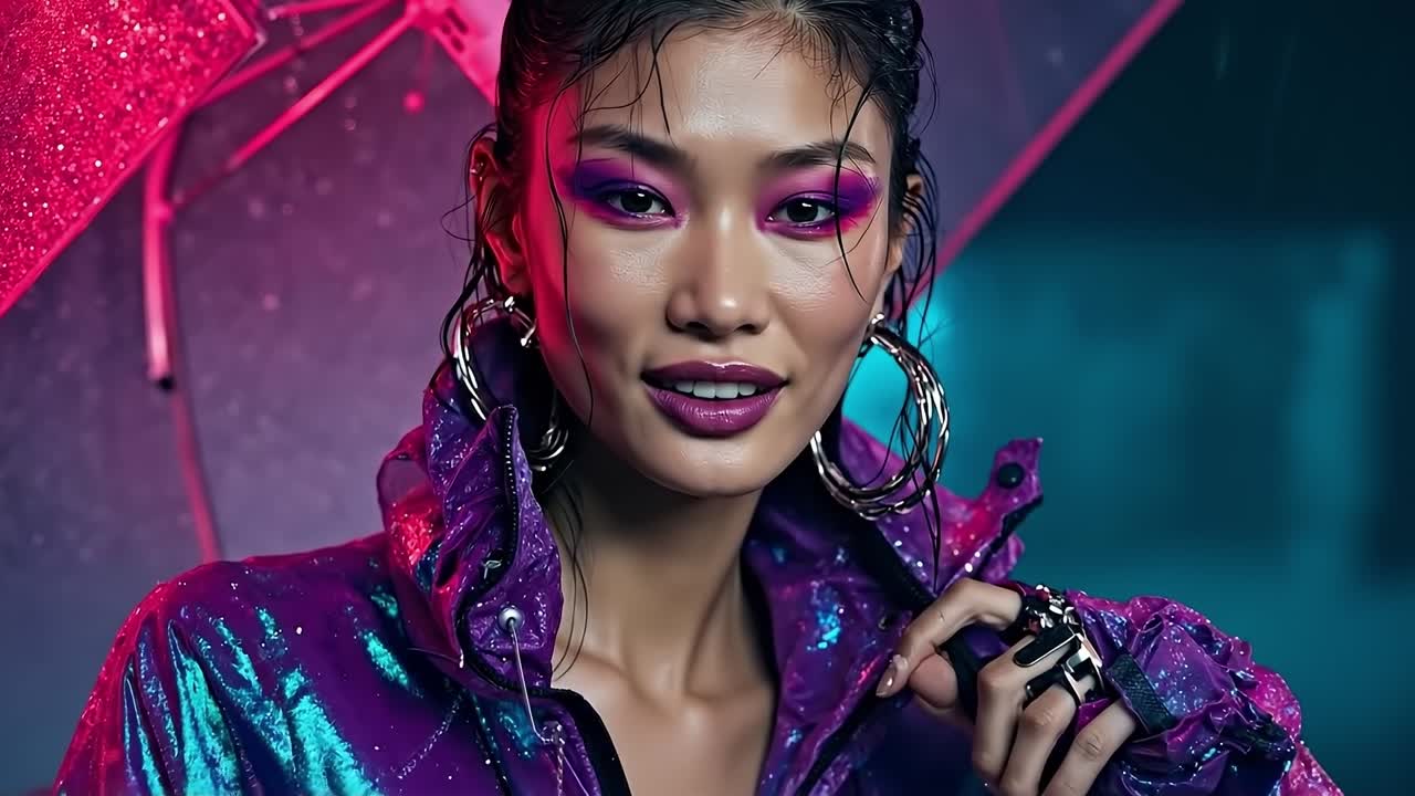 una mujer con una chaqueta púrpura sosteniendo un paraguas