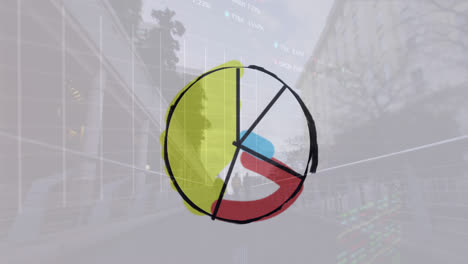 animación del icono del gráfico de la tarta contra el lapso de tiempo de las personas que caminan por el puente de la ciudad
