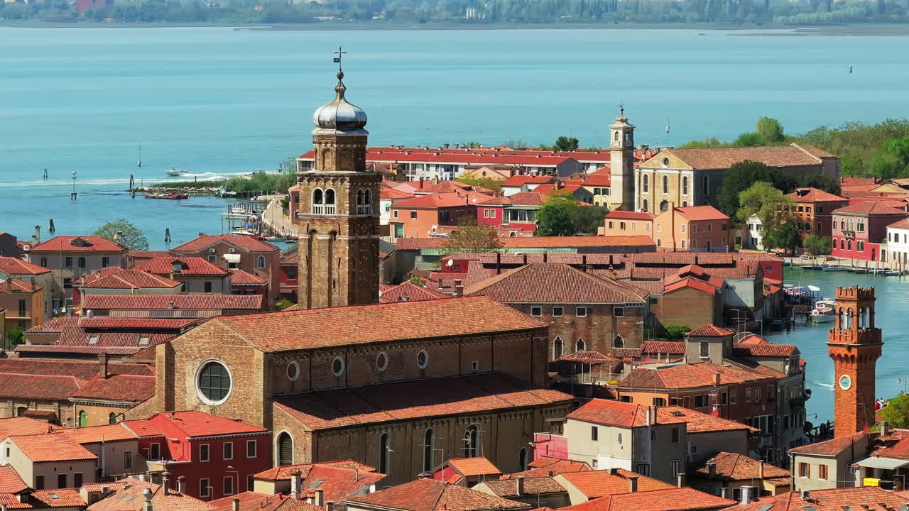 Aerial drone view of Church of Saint Peter Martyr in Venice, Italy