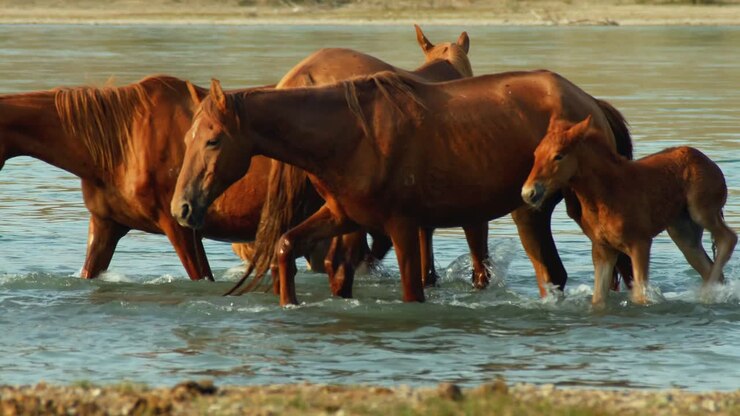 Lo spirito indomito dei cavalli rinselvatichiti, di origine domestica, mentre vagano liberamente nel caldo estivo