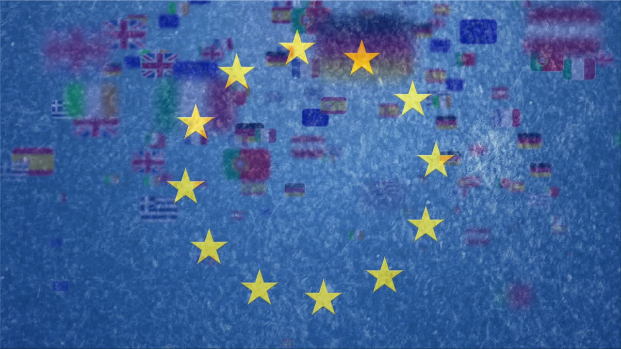 Animazione di stelle gialle che ruotano in cerchio su varie bandiere nazionali in movimento