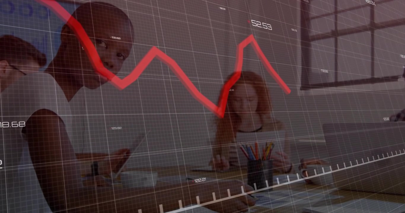 Diverse Business Team Working in Office with Declining Financial Data Overlay