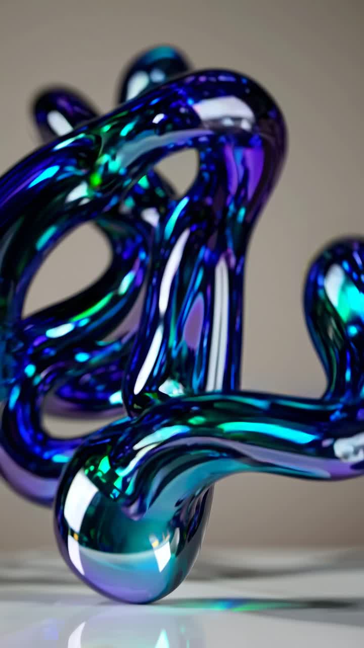 Abstract, glossy 3D sculpture with intertwining shapes in blue and green hues