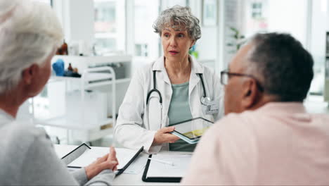 woman, doctor and consulting couple with tablet