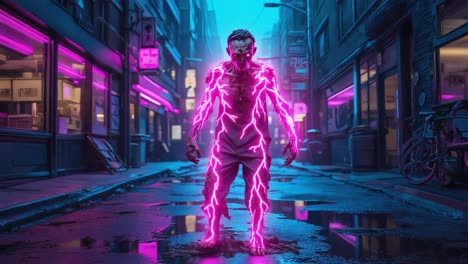 neon-glowing superpowered figure in a cyberpunk city alley