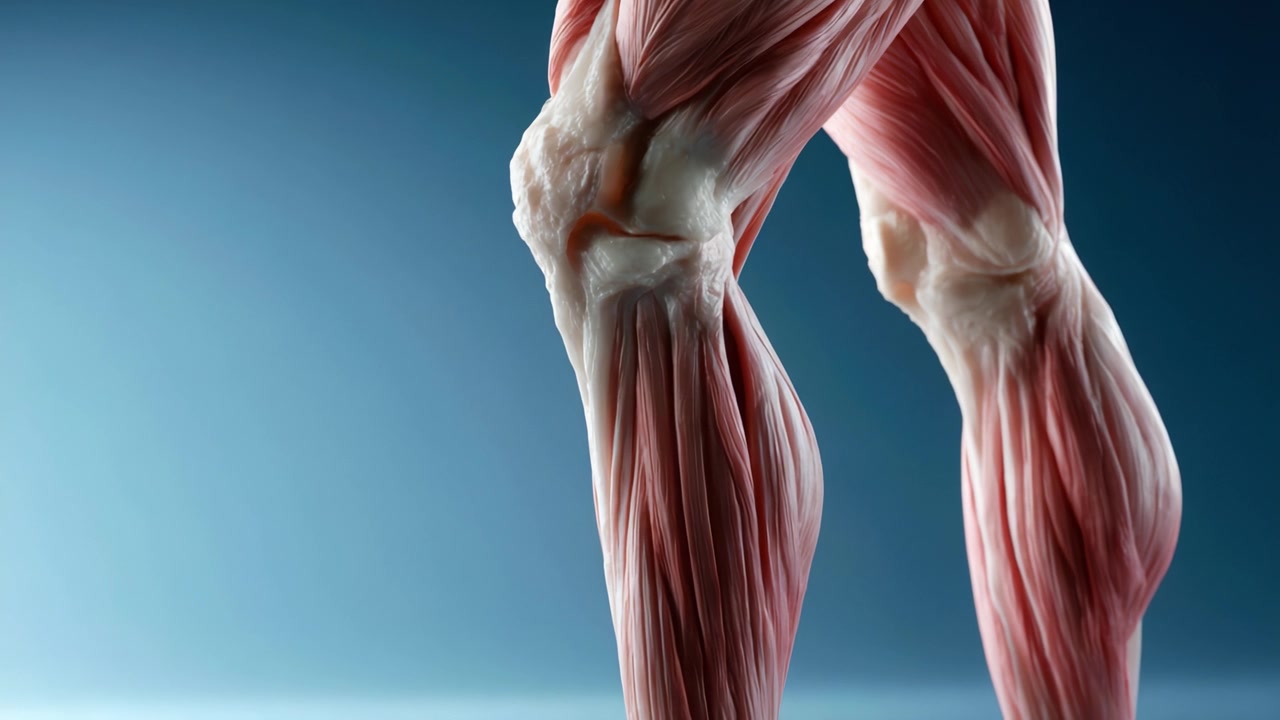 Rappresentazione anatomica dettagliata dei muscoli della gamba umana che evidenzia l'articolazione del ginocchio, mostrando l'intricata struttura e funzione del tessuto muscolare.