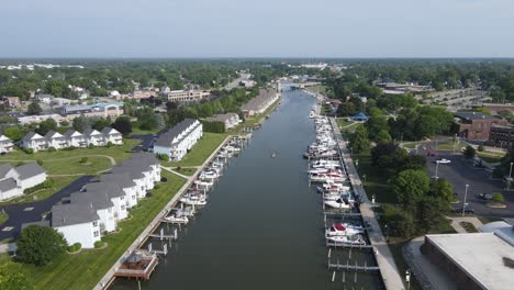 downtown port huron, michigan, usa with black river, drone view