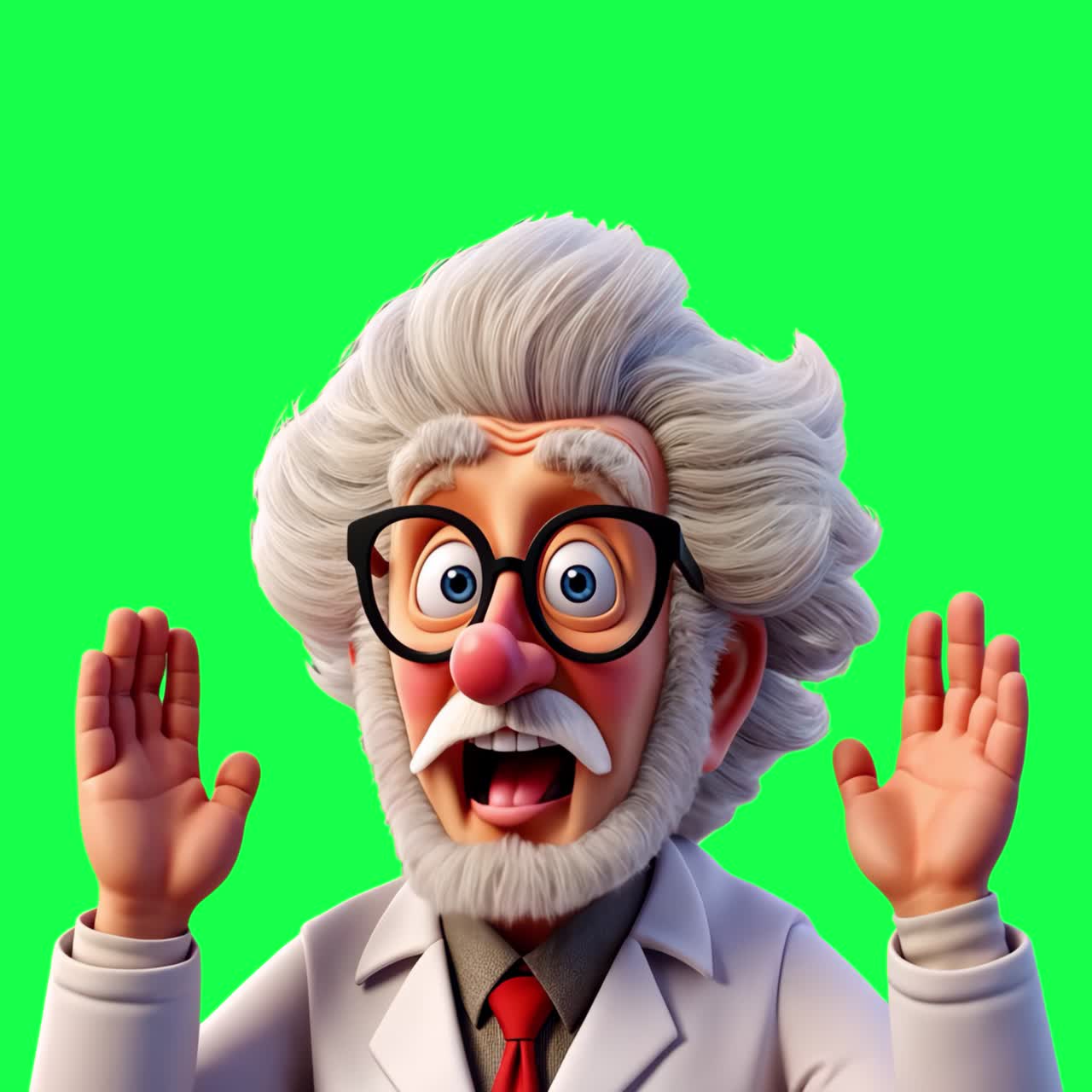 Crazy scientist with glasses animation, transparent 4K video, green screen