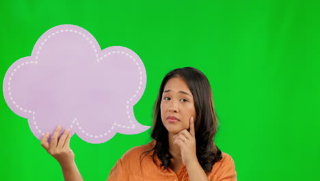 Asian-woman,-thinking-and-speech-bubble-on-green