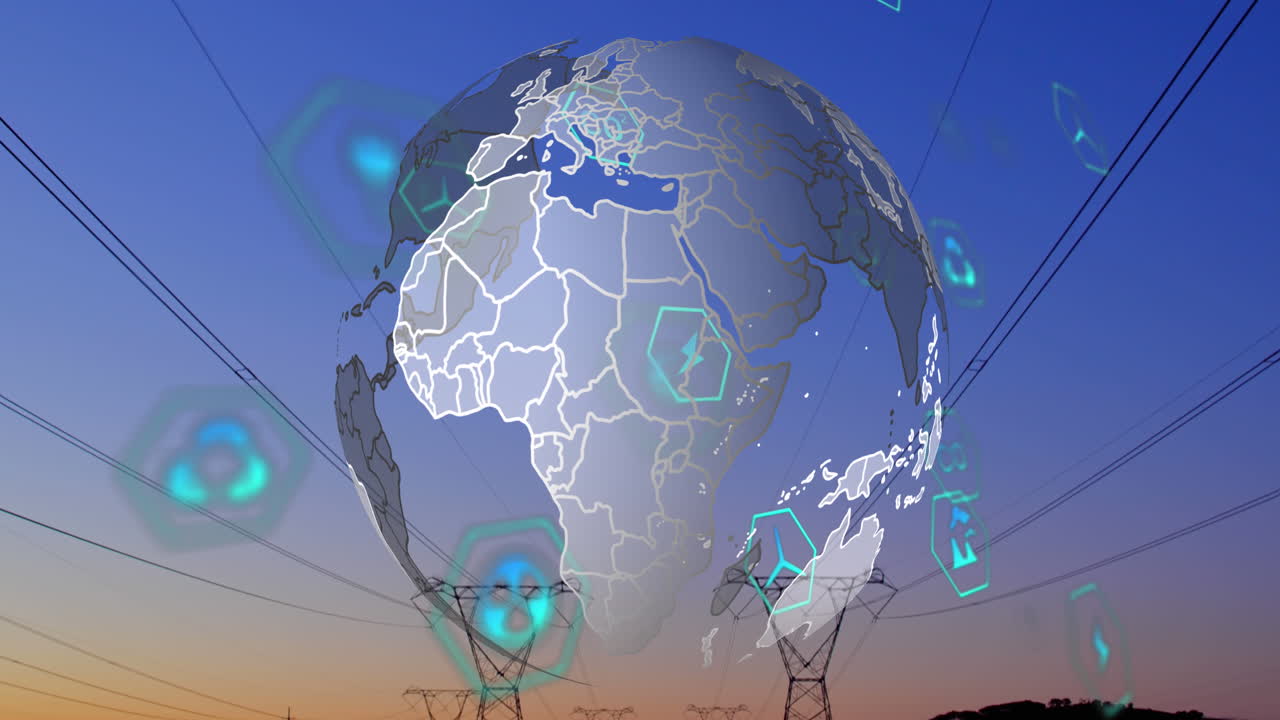 Animation of digital icons and spinning globe over network towers against sunset sky