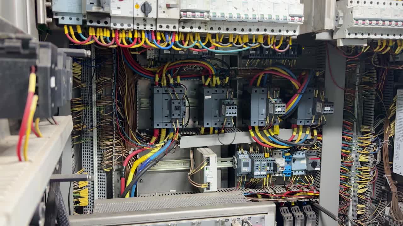electrical switchgear panel with circuit protection devices in industrial equipment room