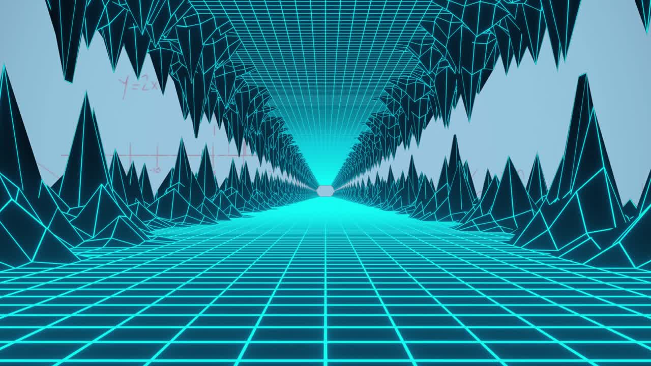 animación de paisajes digitales y fórmulas matemáticas sobre fondo azul