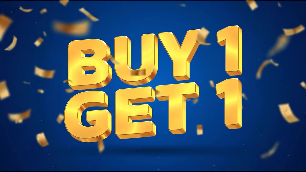 Animazione di testo promozionale "Offerta 2x1" con coriandoli dorati che cadono