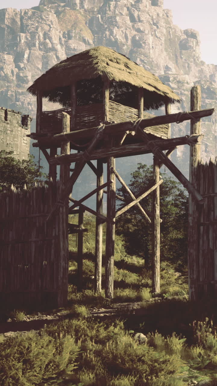 Torre di avvistamento in legno vicino alla montagna durante il giorno con alberi intorno