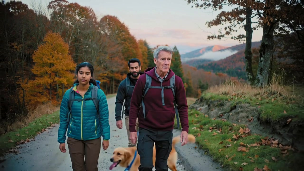 Escursionisti che camminano insieme su una strada, una donna in abbigliamento color verde acqua, e un cane che si allontana dal ciglio della strada tornando al guinzaglio blu.