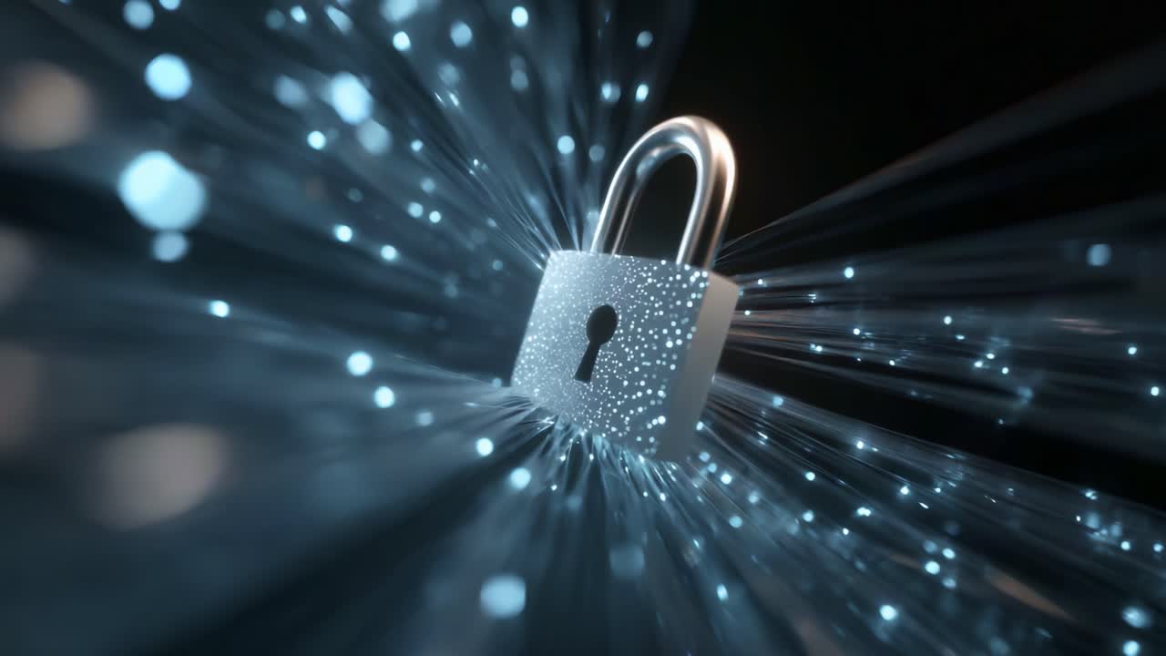 A Stunning Digital Lock Representing Security, Encryption, and Protection from Cyber Threats in a Futuristic, High-Tech Environment with Dynamic Light Effects