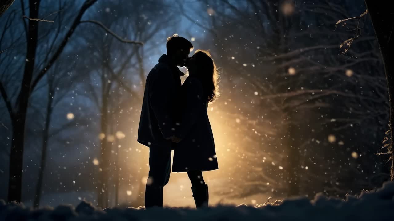 Silhouetted couple in a snowy forest, illuminated by warm backlight