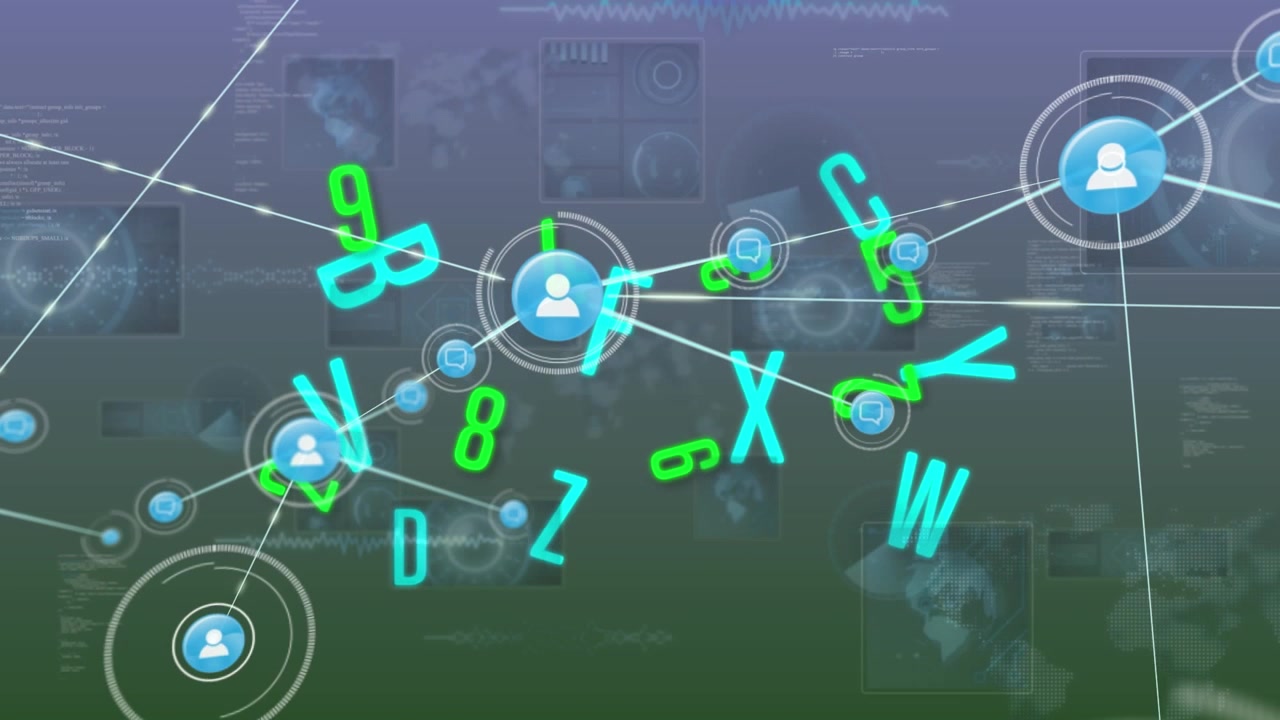 Animation of connections, numbers, letters and data on digital screens