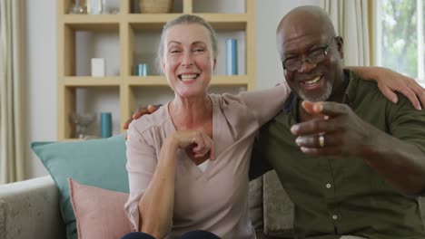 portrait of happy senior diverse couple wearing shirts and making video call in living room