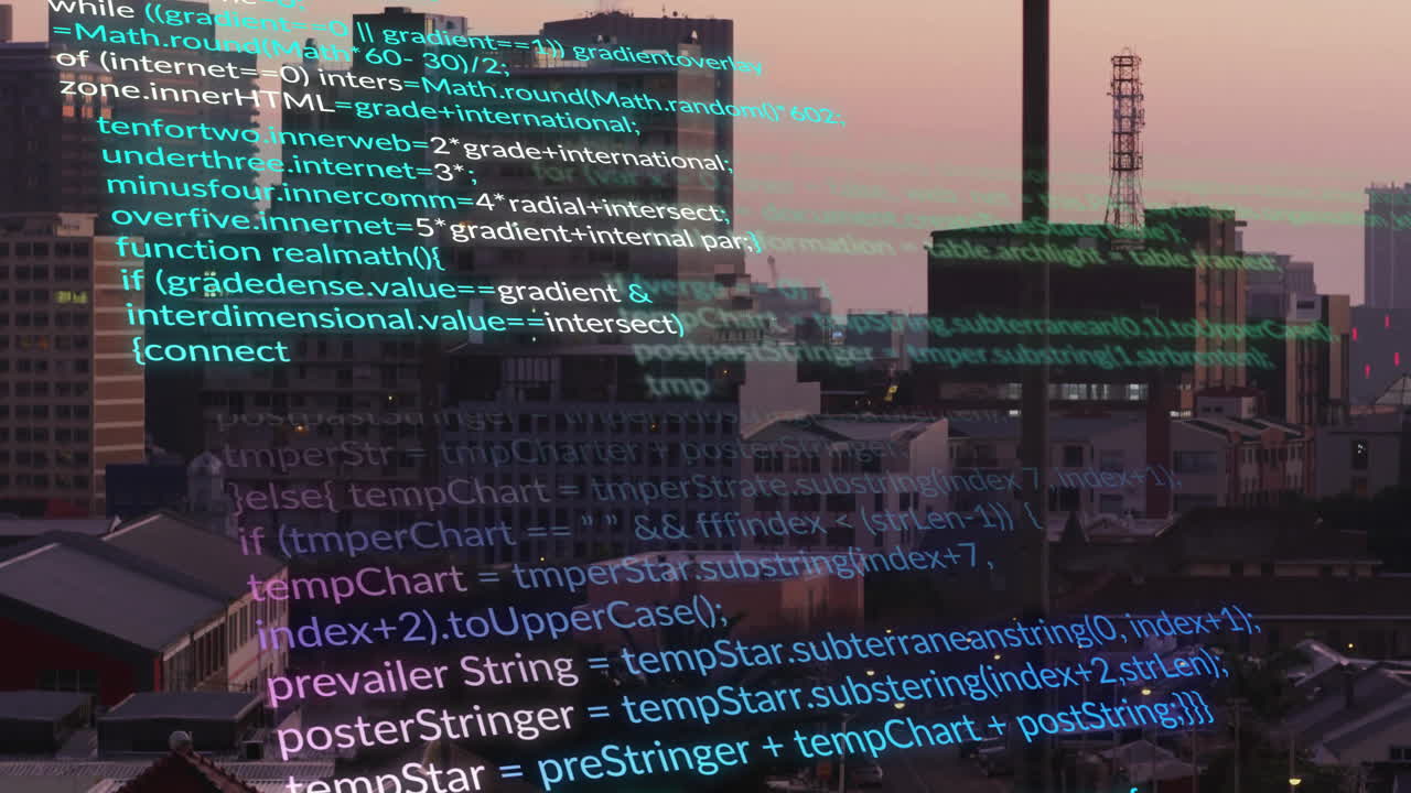 Computer code animation over cityscape at sunset