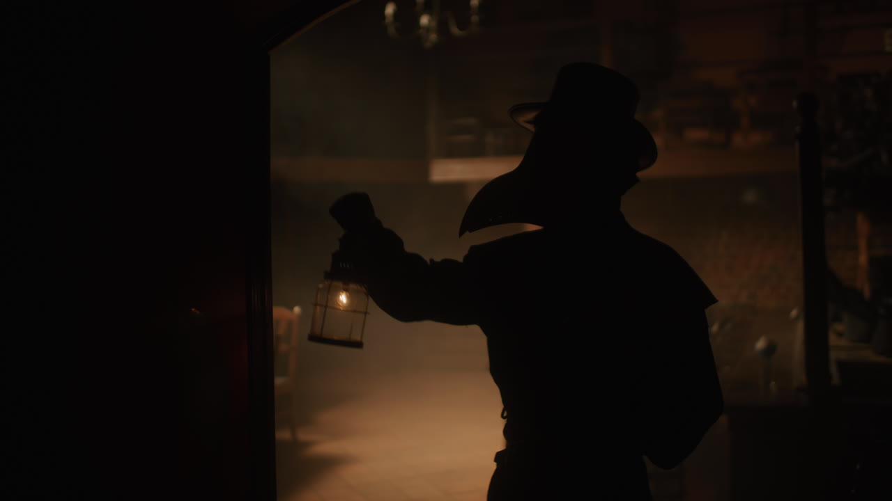 Silhouette of a Plague Doctor in a Dark House