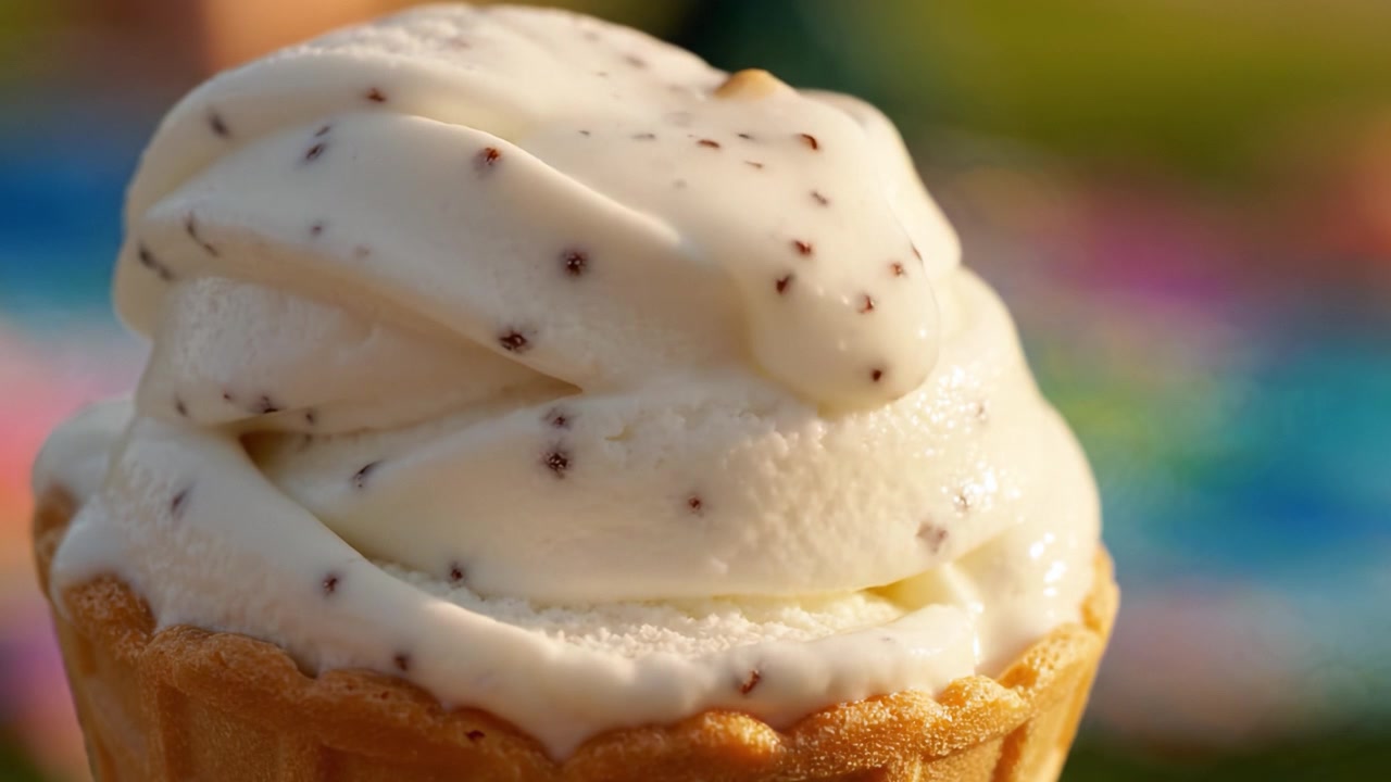 Deliziarsi con una delizia cremosa: una vista ravvicinata di un delizioso cono gelato soft avvolto in una ricca cremosità e irresistibili bocconcini saporiti, perfetto per le giornate estive.