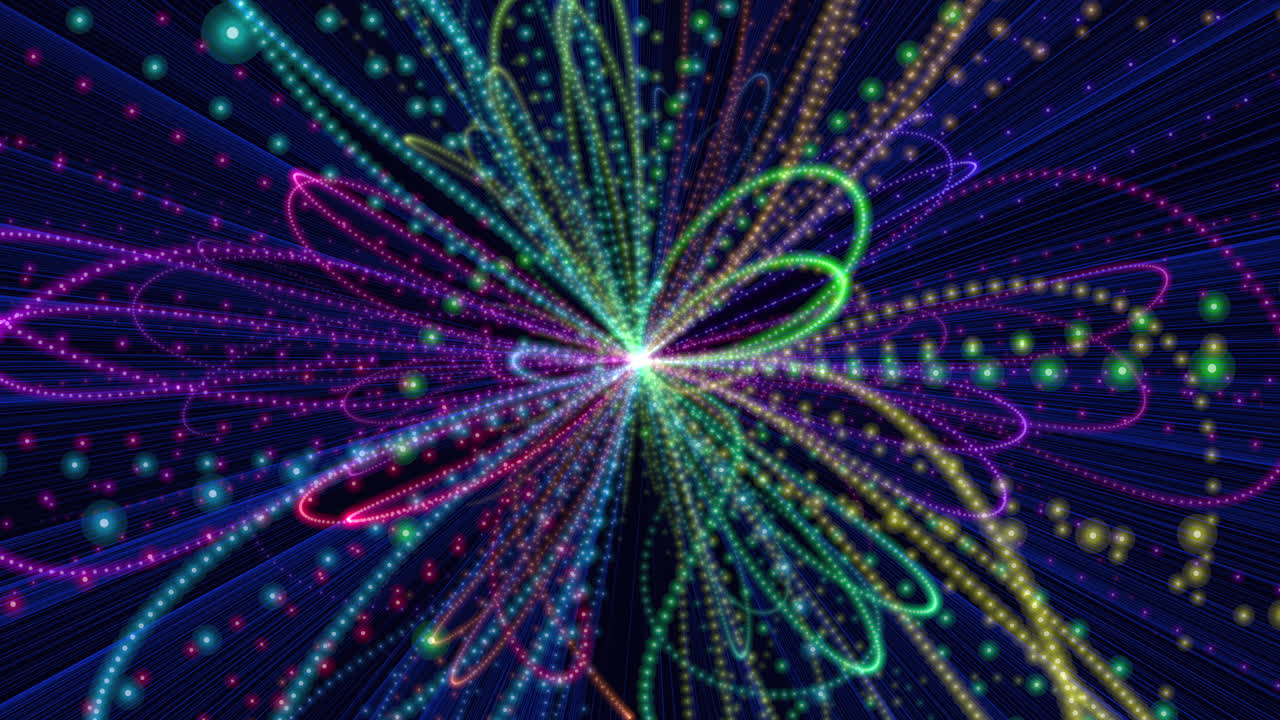 검정 그라데이션에 네온 점과 선이 있는 무지개 추상 및 환상 구