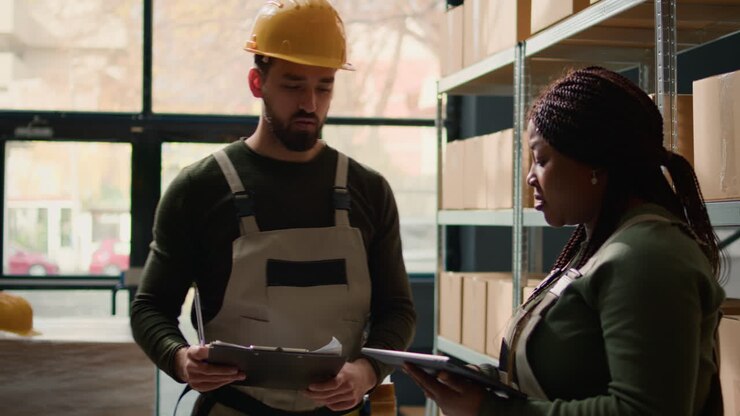 Warehouse workers checking inventory