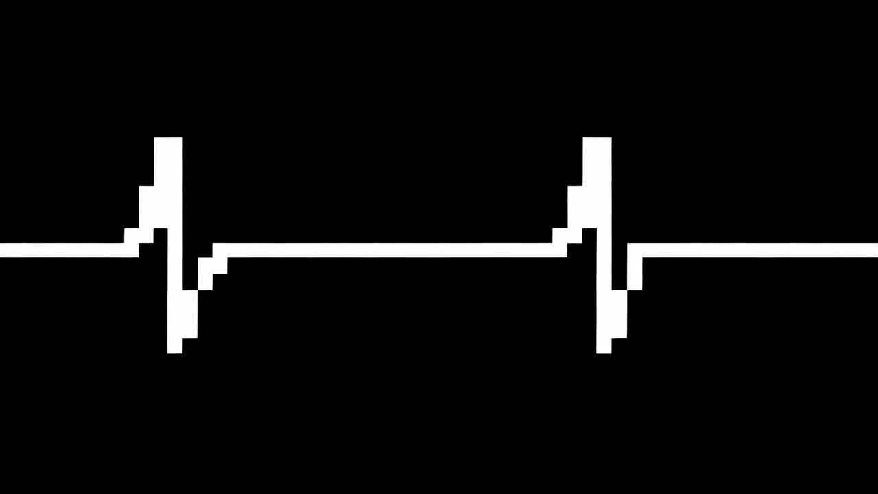 Comienza con un pico izquierdo que mueve la línea base de píxeles blancos desde los picos del ECG hasta el corazón centrado en un lienzo negro