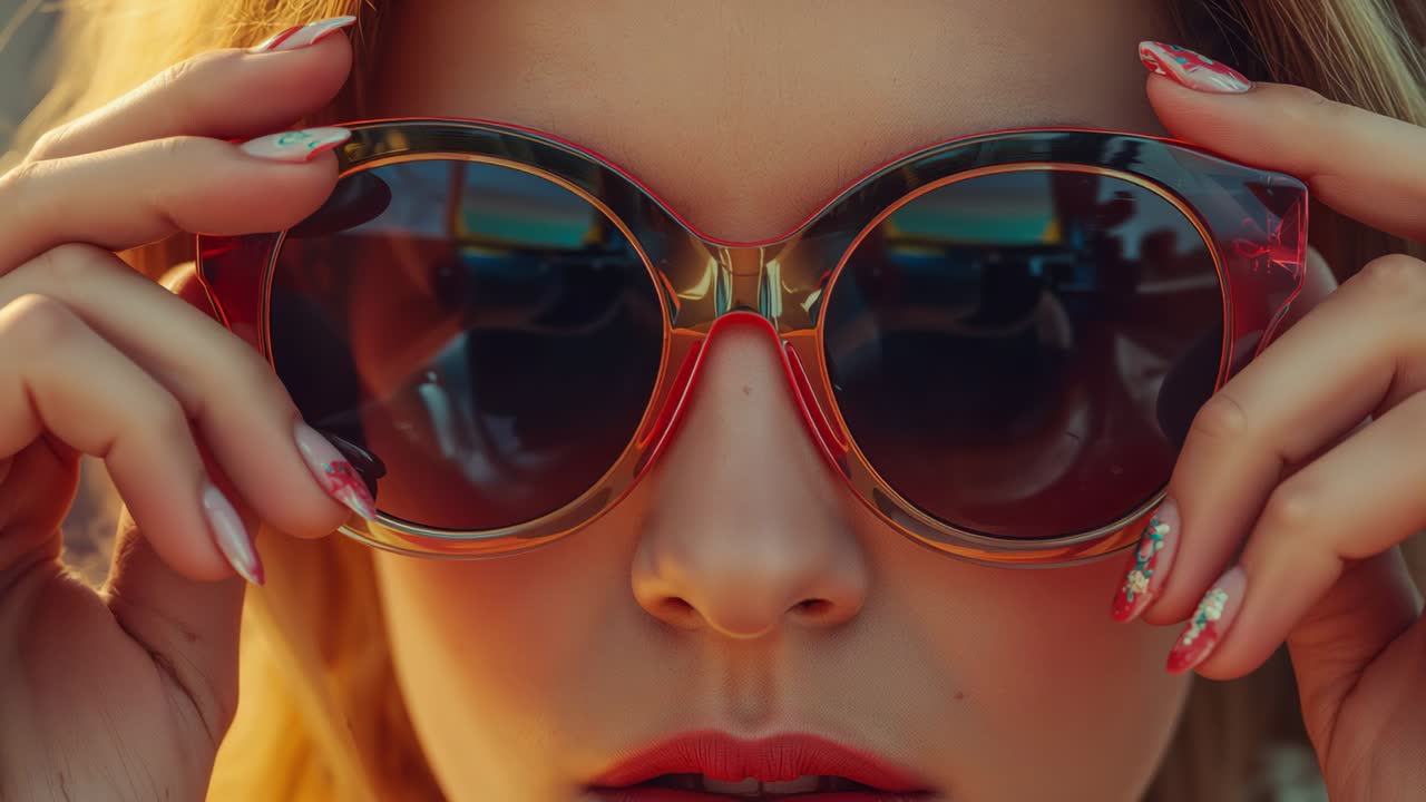 Holding round sunglasses, woman sliding frames down against bright glare in car with floral nails