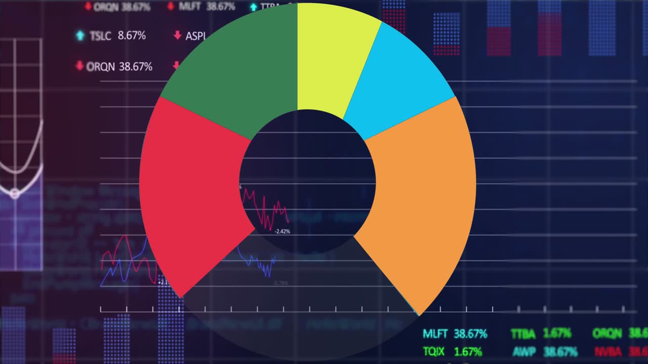 Animation of pie graph over statistical and stock market data processing against blue background