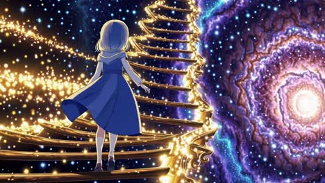 escalera dorada que serpentea a través de un entorno cósmico brillante, una joven que asciende en medio de vibrantes nebulosas, estrellas relucientes que iluminan un fantástico viaje celestial