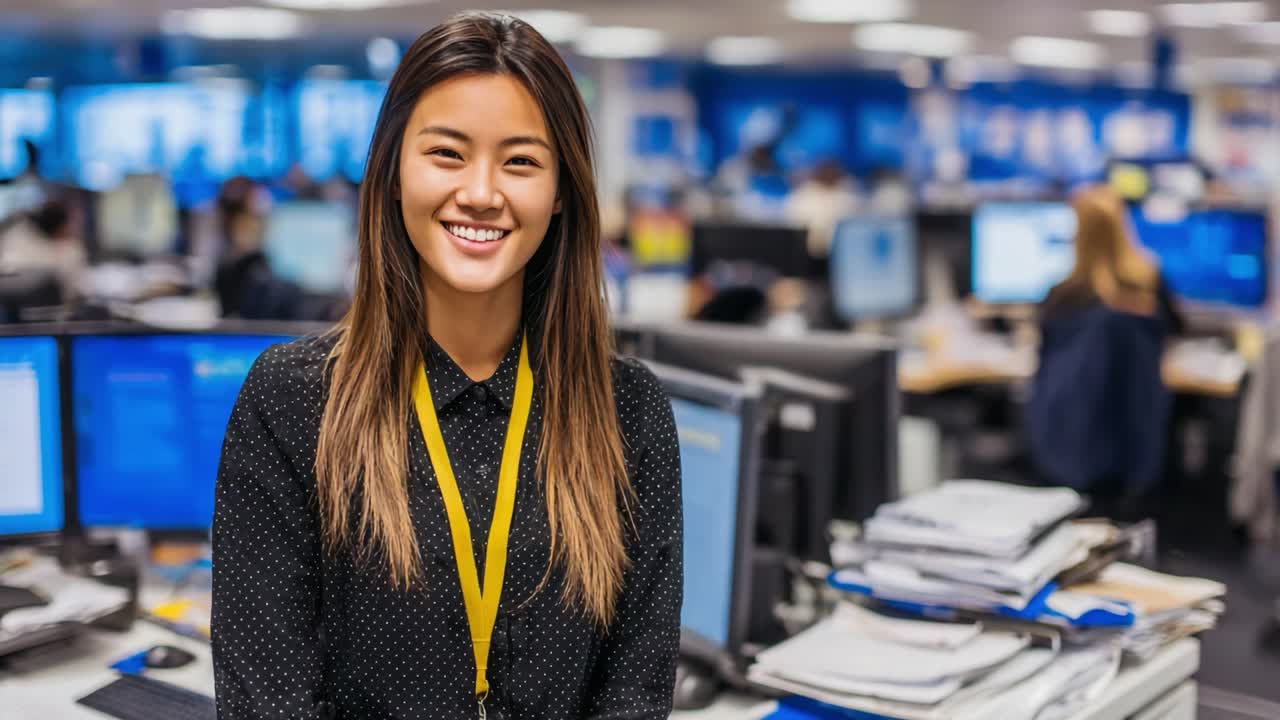 A confident professional in an office environment, showcasing a friendly demeanor and approachable personality, surrounded by technology and colleagues engaged in work