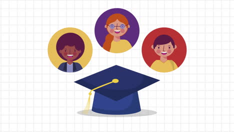 little students group with graduation hat characters animation