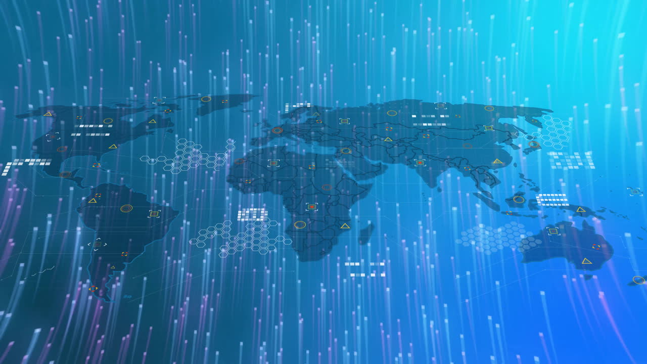 기하학적 모양과 선의 애니메이션은 파란색 배경에 대한 지도 위에서 원으로 움직입니다.