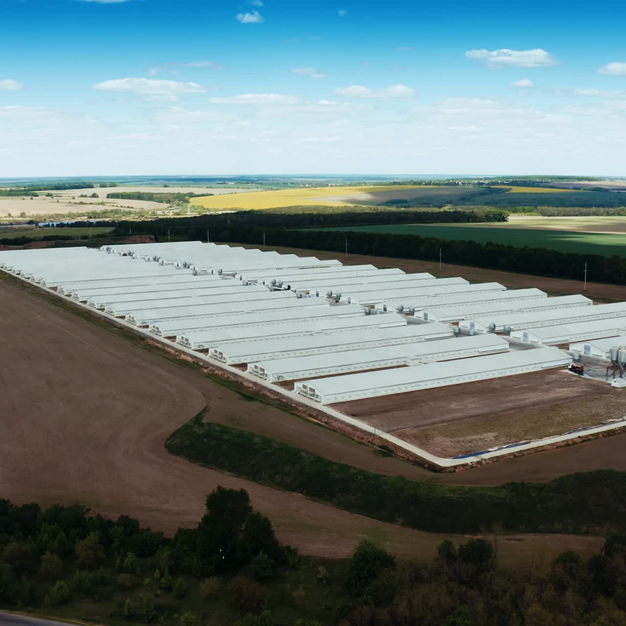 Modern factory among nature. Exterior of a large modern production plant. White industrial buildings on the field. Aerial view.