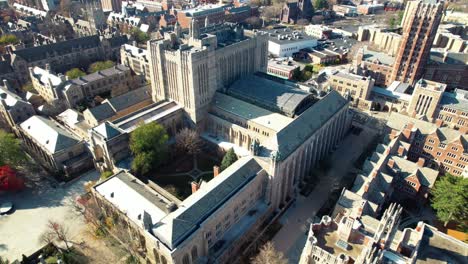 Yale-University-Sterling-Memorial-Library,-aerial-orbit-during-the-day,-New-Haven-Connecticut
