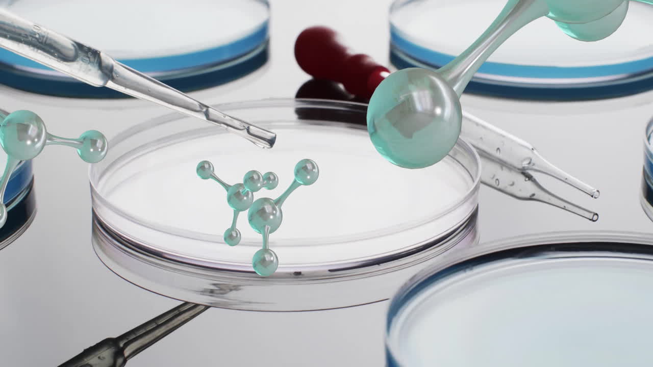 회색 바탕에 실험실 접시 위의 분자의 애니메이션