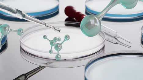 animación de moléculas sobre platos de laboratorio sobre un fondo gris