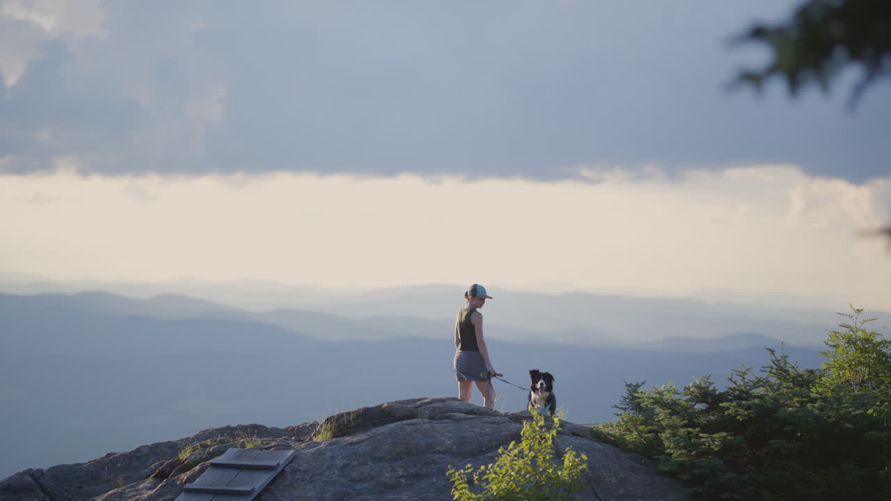 보더 콜리와 함께 버몬트에서 긴 하이킹을 한 후 산 정상의 전망을 즐기고 있습니다.