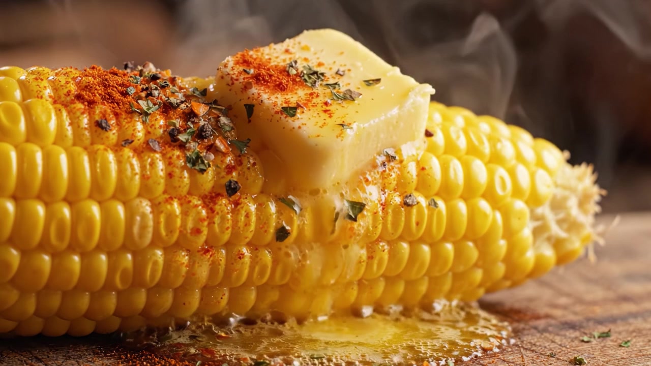 Épi de maïs délicieusement beurré : un délice gourmand infusé d'épices et de beurre fondant, capturé avec des détails époustouflants.
