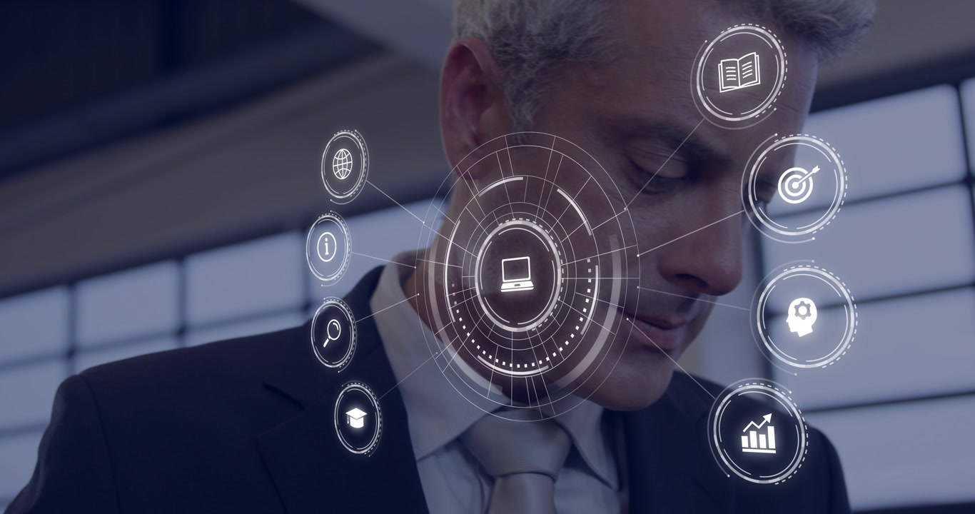 Man in suit tapping tablet and activating holographic HUD, analyzing business data with icons
