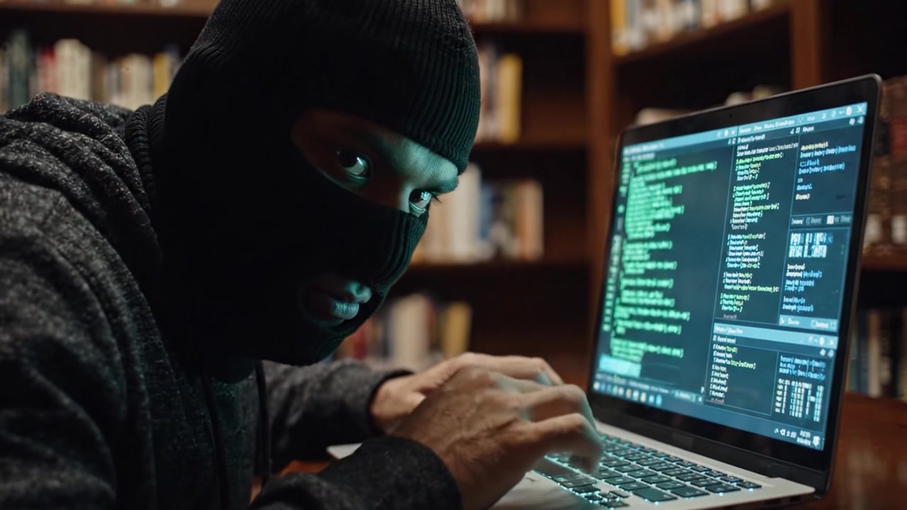 A masked figure intensely engaged in hacking activities at a library, showcasing the dual themes of knowledge and cybersecurity as they interact with a laptop displaying successful access notifications.