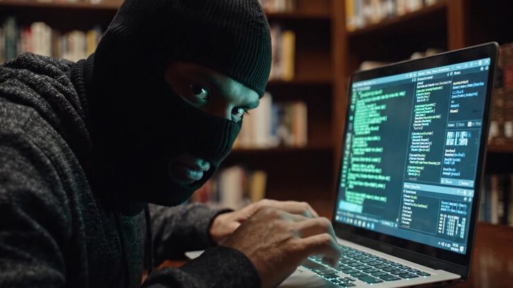 A masked figure intensely engaged in hacking activities at a library, showcasing the dual themes of knowledge and cybersecurity as they interact with a laptop displaying successful access notifications.