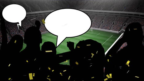 animation of gold confetti over sports fans and speech bubble with copy space in sports stadium