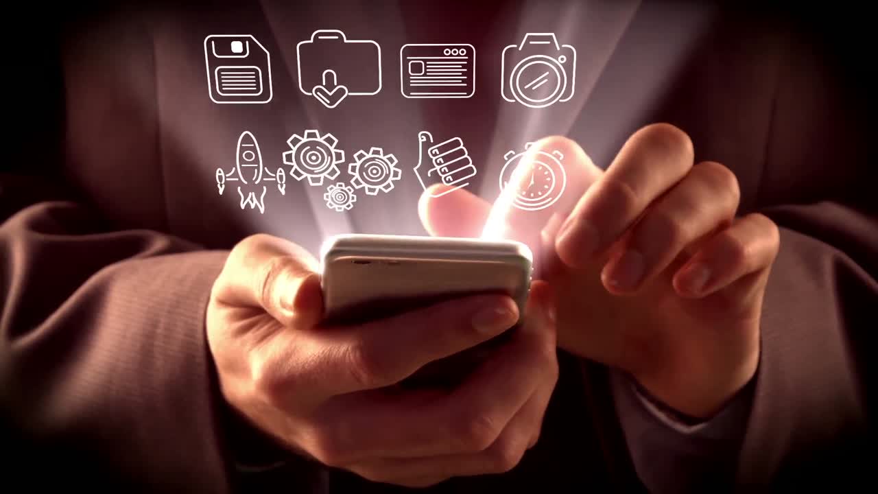 tocar con la mano el icono generado digitalmente en el teléfono móvil