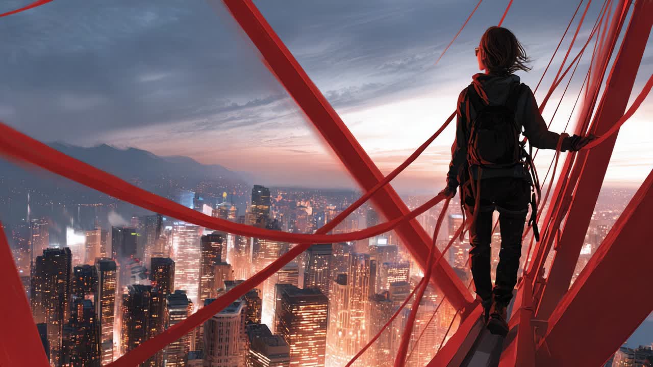 Woman on a High Bridge Overlooking City at Night