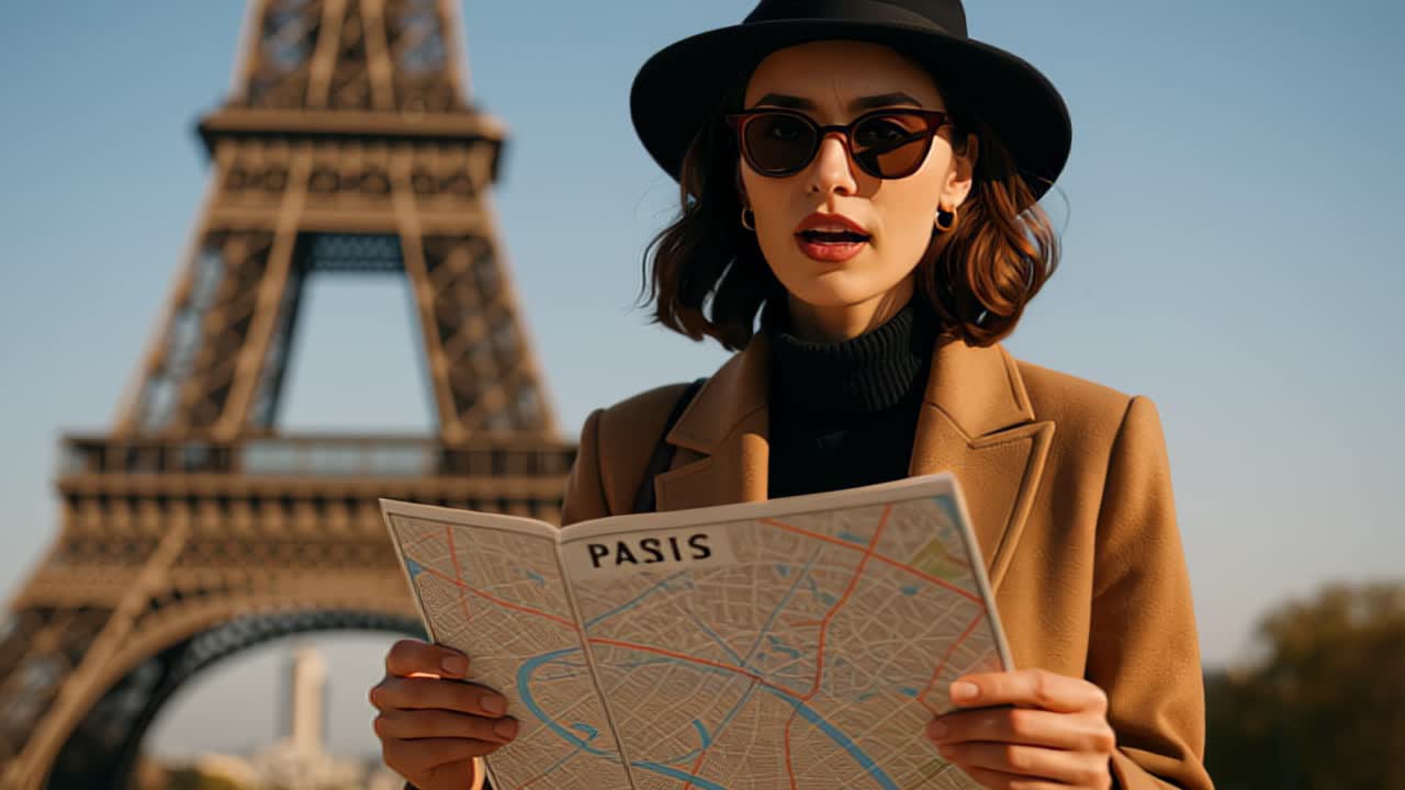 Donna turista alla moda con cappello e occhiali da sole tiene una mappa della città di Parigi con la Torre Eiffel sullo sfondo, concetto di viaggio e turismo in Francia, all'aperto di giorno.