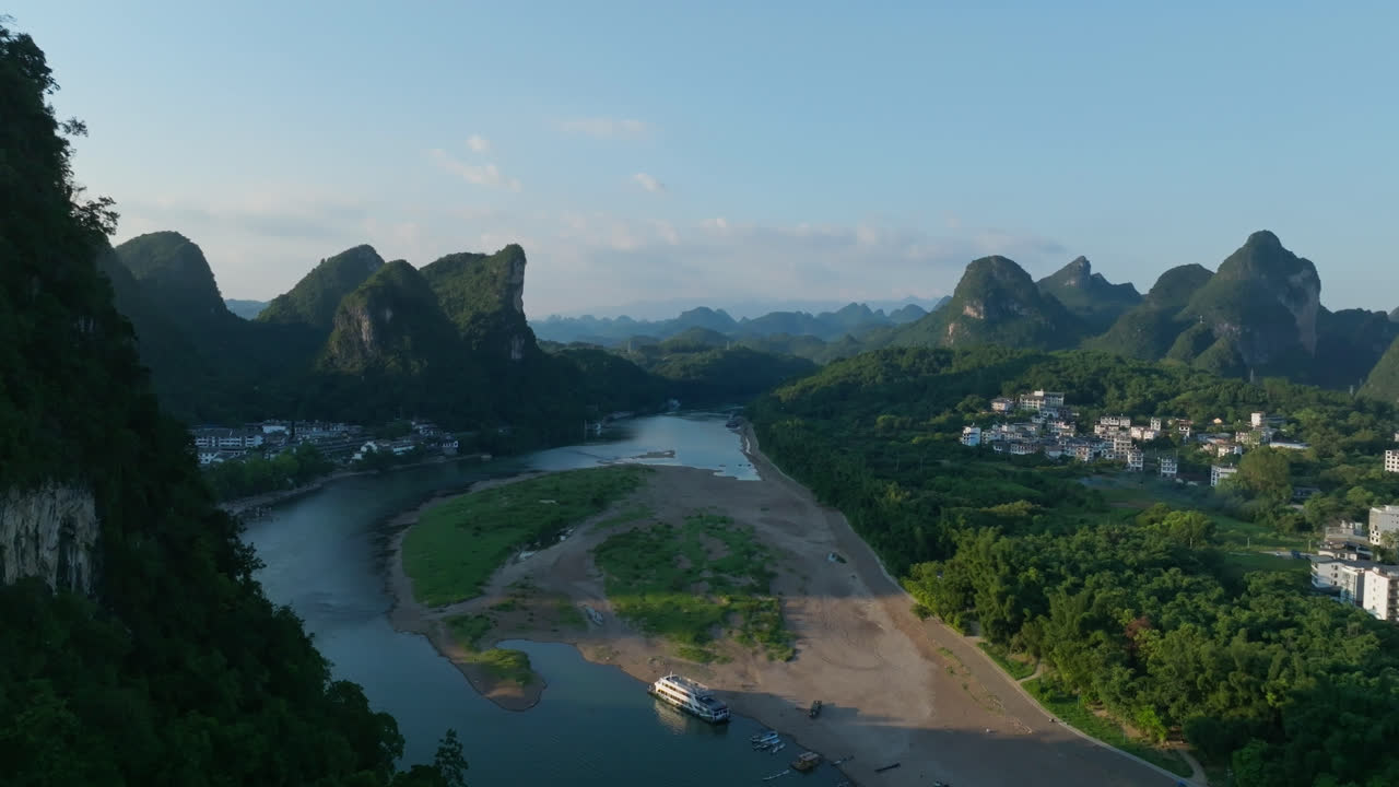 Aerial view overlooking the Li river, sunset at the Yangshuo village in China