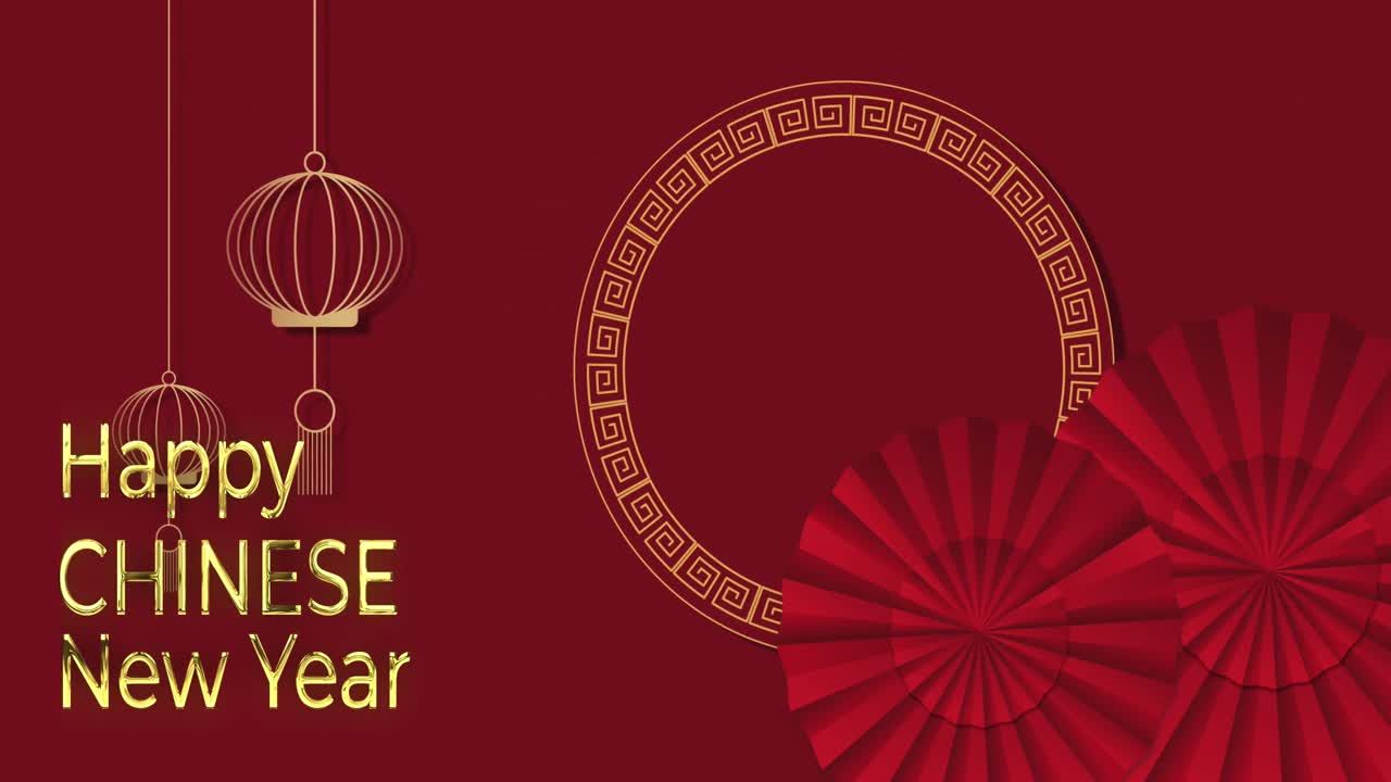 Animação de texto de saudações de ano novo e decorações tradicionais chinesas em fundo vermelho